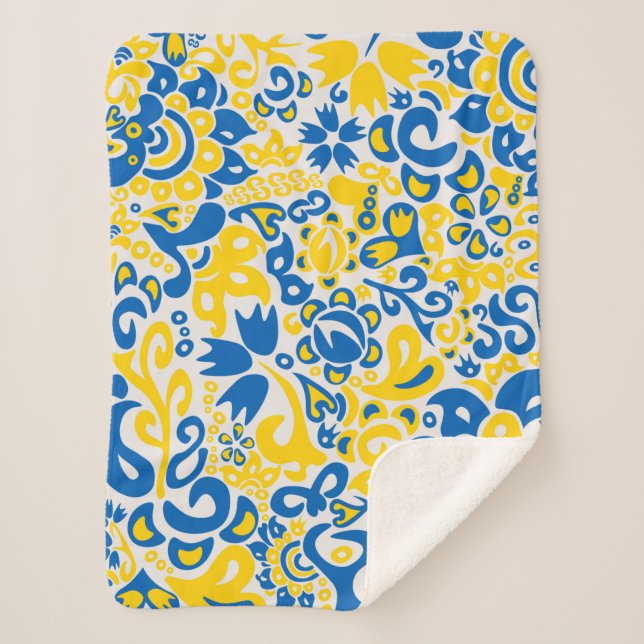 Folklore pattern with Ukrainian flag colours Sherpa Blanket (Front)