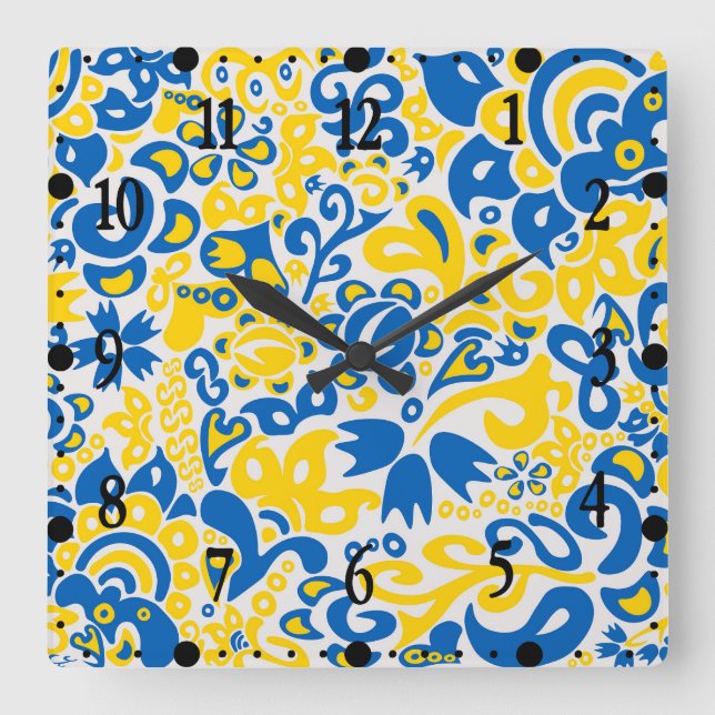 Folklore pattern with Ukrainian flag colours  Square Wall Clock (Front)