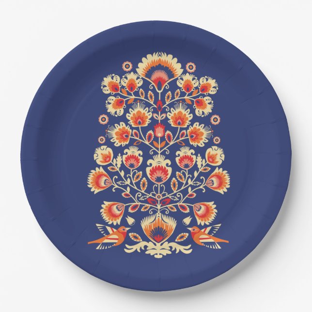 💙💛🧡Folklore with yellow flowers and birds Paper Plate (Front)