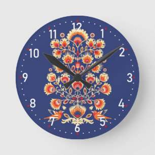 💙💛🧡Folklore with yellow flowers and birds Round Clock