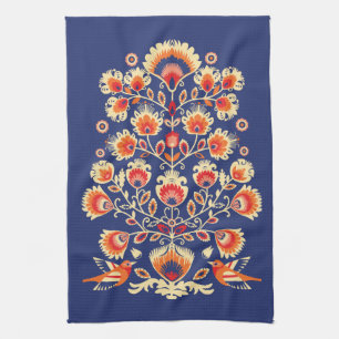 💙💛🧡Folklore with yellow flowers and birds Tea Towel