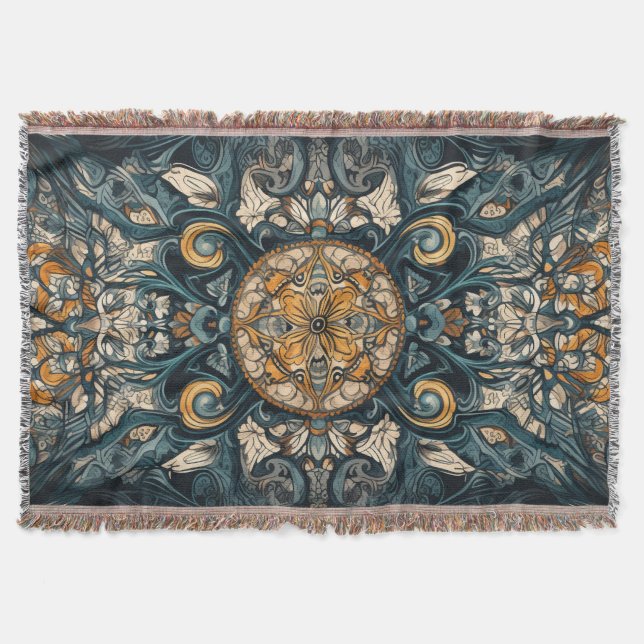 Folkloric Teal & Amber Intricate Ceiling Design Throw Blanket (Front)
