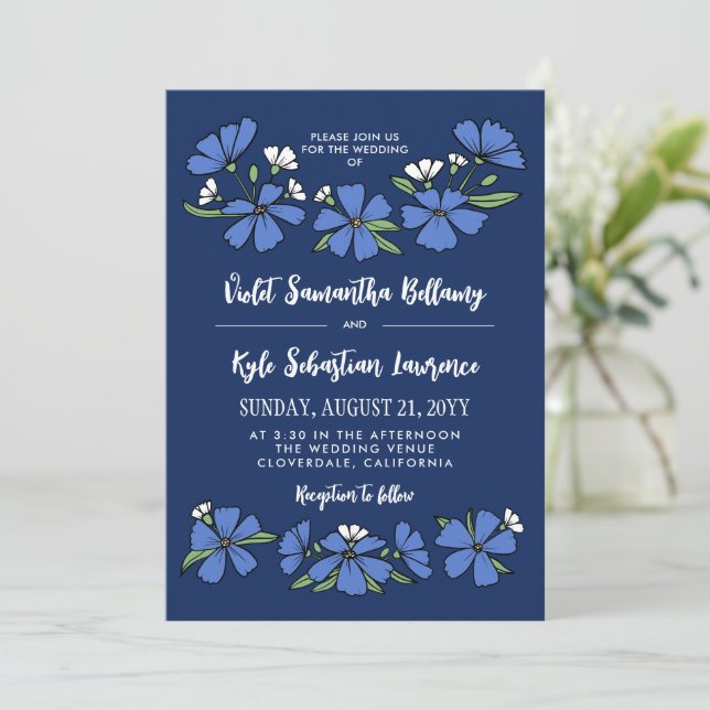 Folksy Blue Flowers Wedding Invitation (Standing Front)