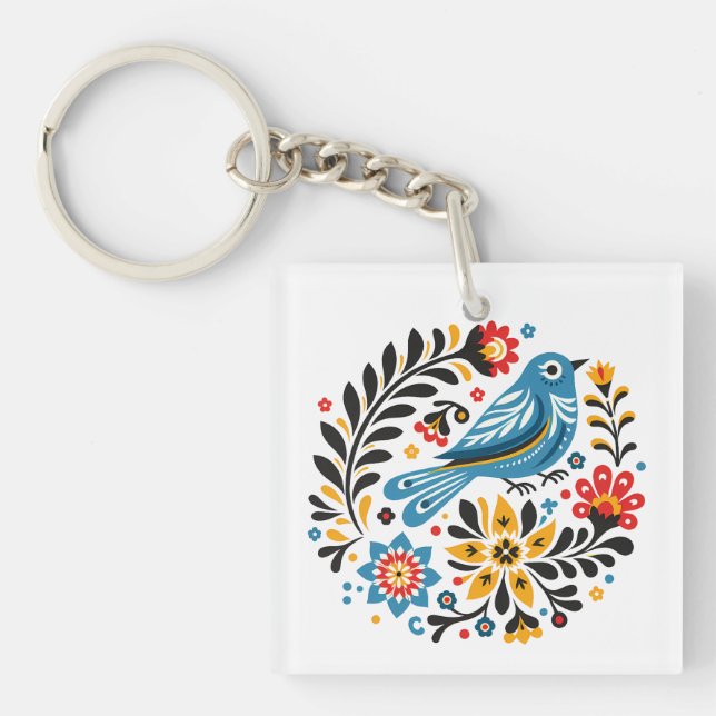 Folksy Bluebird and Wildflowers Key Ring (Front)