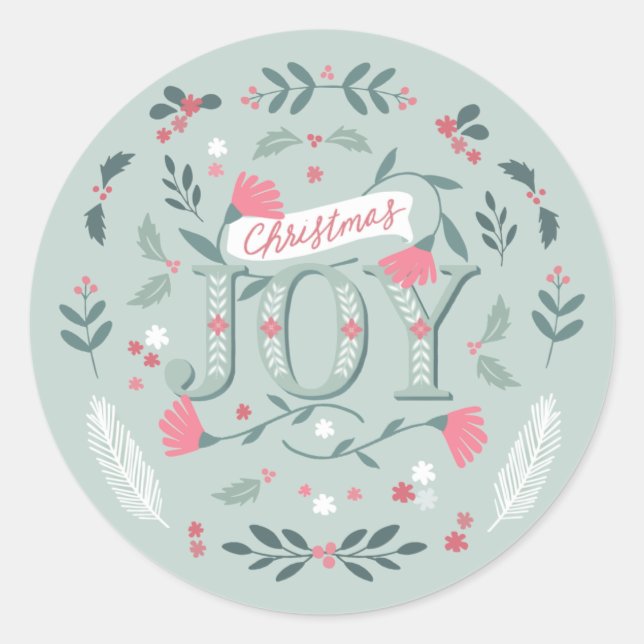 Folksy Christmas Joy Floral & Berries Classic Round Sticker (Front)