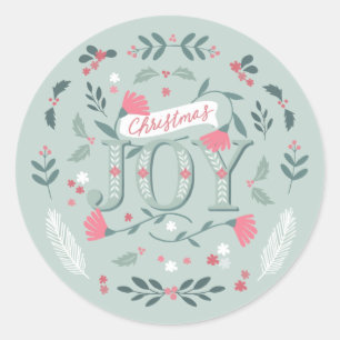 Folksy Christmas Joy Floral & Berries Classic Round Sticker
