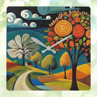 Folksy Country Scene  Square Wall Clock