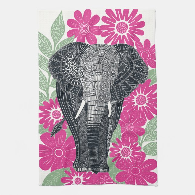 folksy elephant pink tea towel (Vertical)