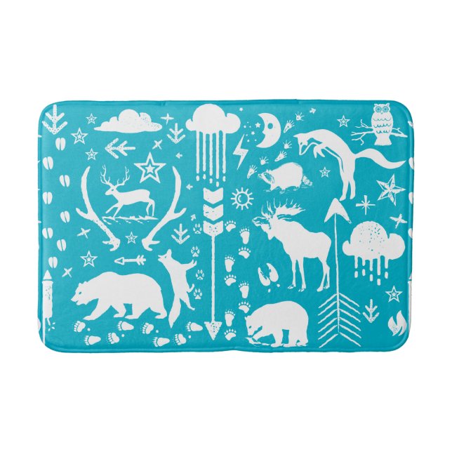 Folksy Forest Adventure Bear Fox Deer Boys Room Bath Mat (Front)