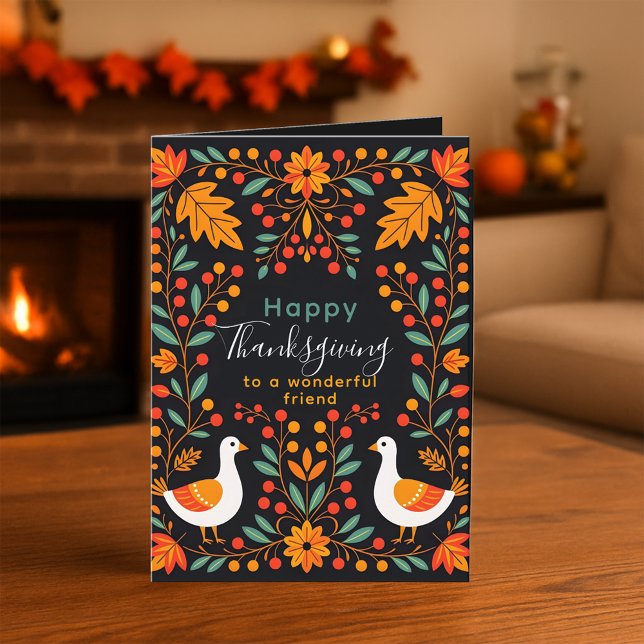 Folksy Geese and Autumn Leaves Thanksgiving  Card (Creator Uploaded)
