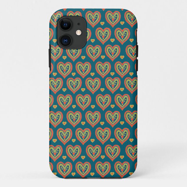 Folksy Red and Green Romantic Hearts on Dark Teal Case-Mate iPhone Case (Back)
