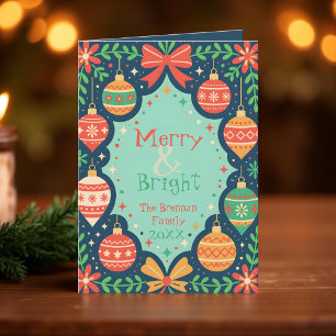 Folksy Retro Ornaments Merry & Bright Holiday  Card