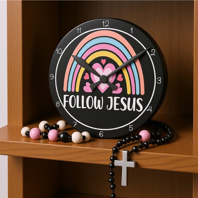 Follow Jesus Rainbow With Hearts Graphic Round Clock (Creator Uploaded)