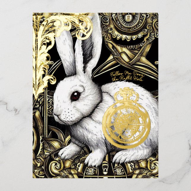 Follow me down the rabbit hole foil holiday postcard (Front)