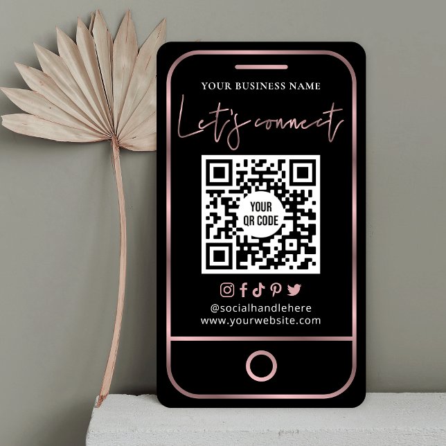 Follow Me Social Media Black & Rose Gold QR Business Card (Creator Uploaded)