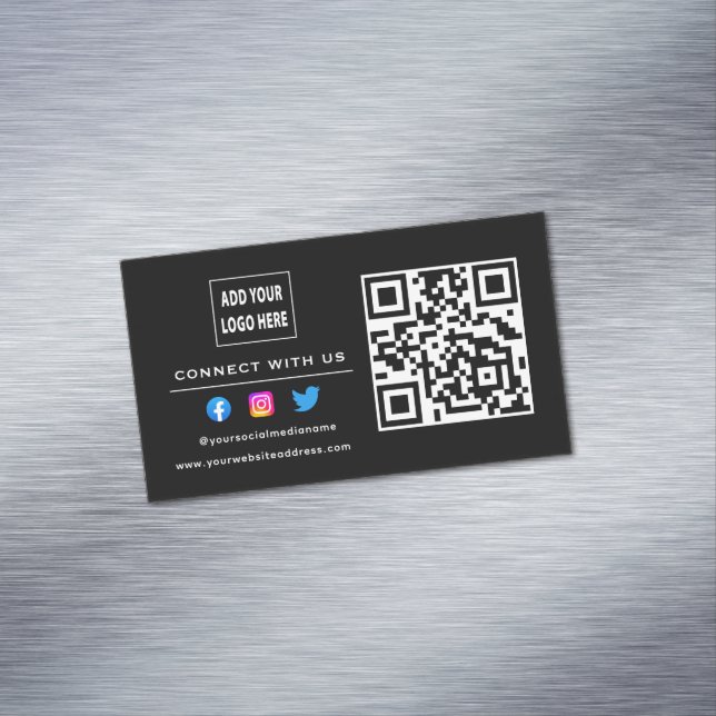 Follow Scan To Connect With Us QR Code Black White Magnetic Business Card (In Situ)