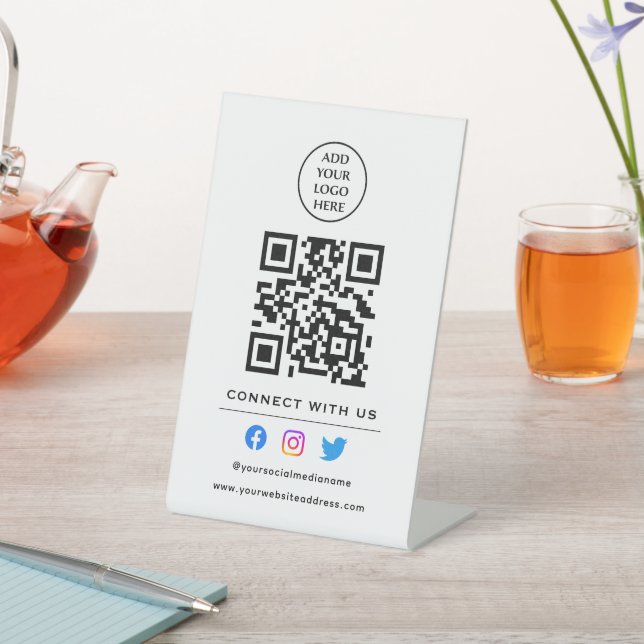 Follow Scan To Connect With Us QR Code Your Logo Pedestal Sign (In SItu)