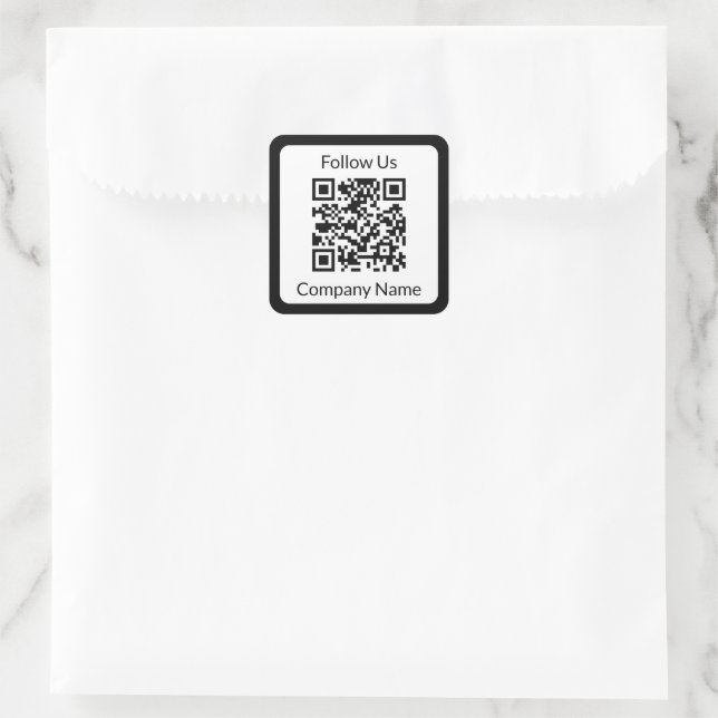 Follow Us Black and White Business Name QR Code  Square Sticker (Bag)