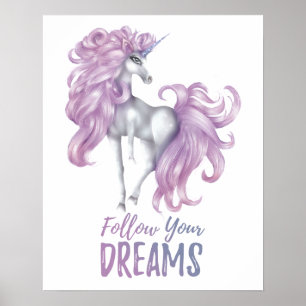 Follow Your Dreams - Purple & White Unicorn Poster