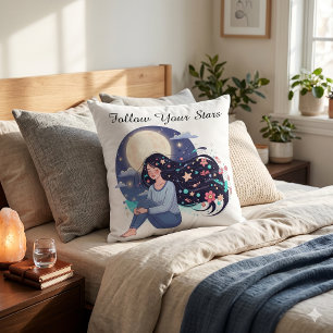 Follow Your Stars Celestial Woman Art Print Moon Cushion