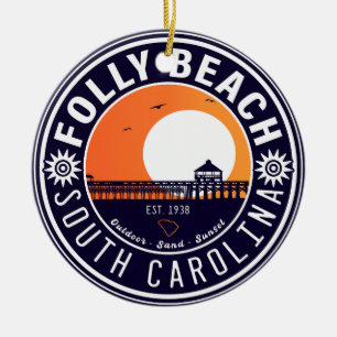 Folly Beach SC Souvenirs Retro Sunset Pier 60s Ceramic Tree Decoration