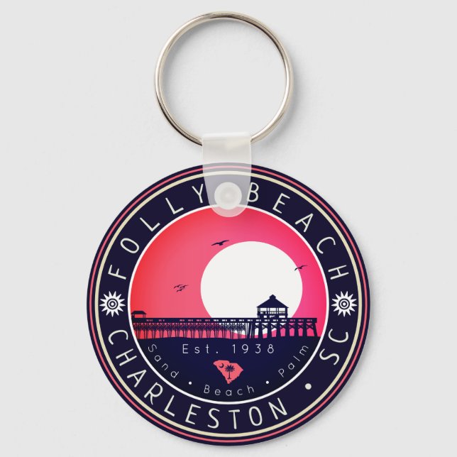 Folly Beach SC Souvenirs Retro Sunset Pier 60s Key Ring (Front)