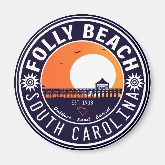Folly Beach SC Souvenirs Retro Sunset Pier 60s Magnet (Front)