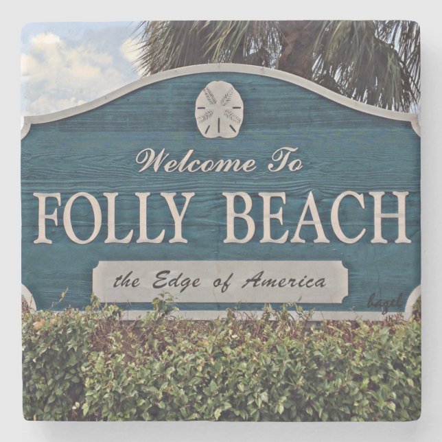 Folly Beach Sign, Marble Stone Coaster. Stone Coaster (Front)
