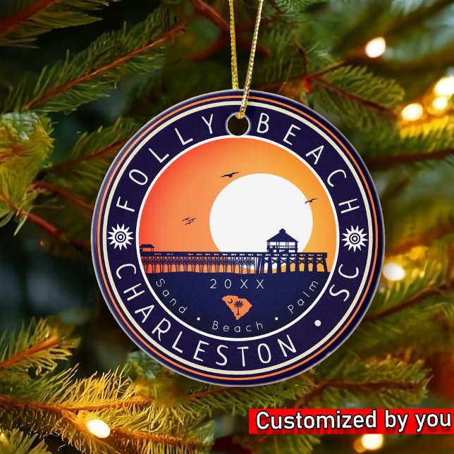Folly Beach South Carolina Retro Sunset Souvenir Ceramic Tree Decoration (Creator Uploaded)