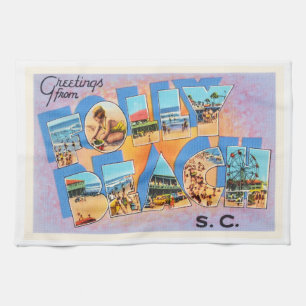 Folly Beach South Carolina SC Old Vintage Postcard Tea Towel