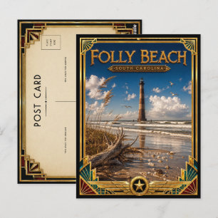 Folly Beach South Carolina Vintage Art Deco Golden Postcard