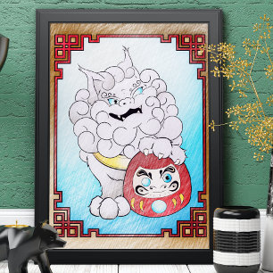 Foo Dog and Daruma Doll- Guarded Wish Colouring Poster