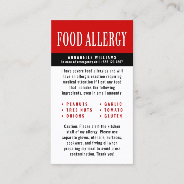 Food Allergy Alert  Calling Card (Front)