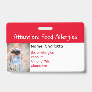 Food Allergy Alert Custom photo badge ID Badge