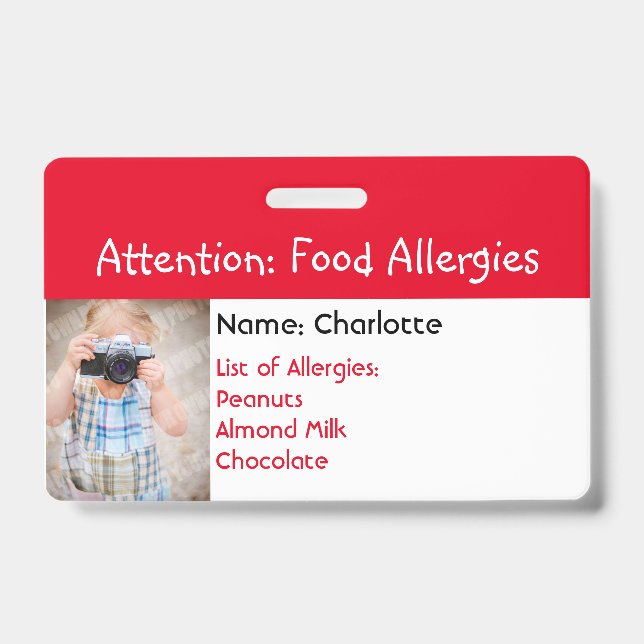 Food Allergy Alert Custom photo badge ID Badge (Front)