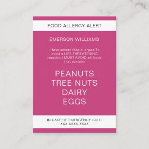 Food Allergy Alert Personalised Chef Card