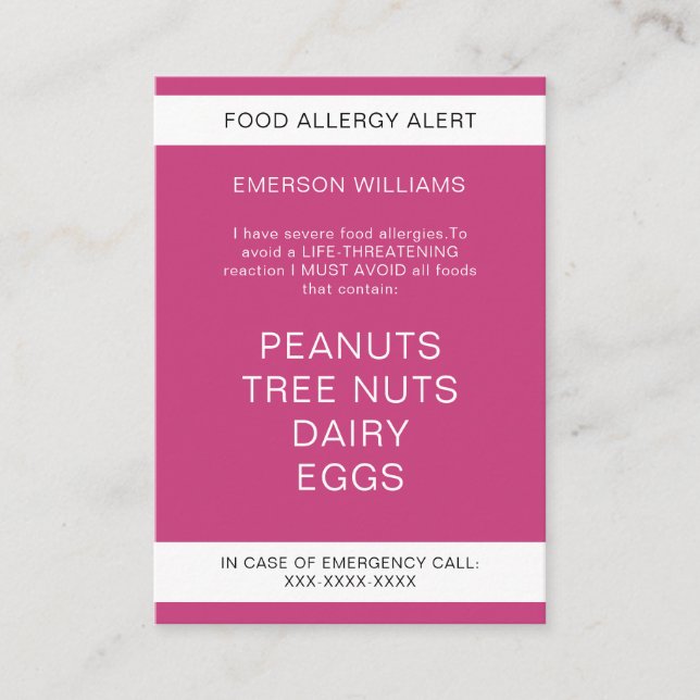 Food Allergy Alert Personalised Chef Card (Front)