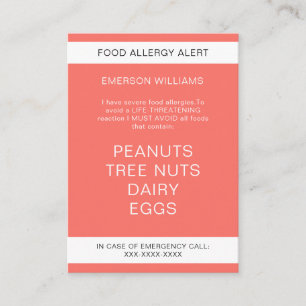 Food Allergy Alert Personalised Chef Card