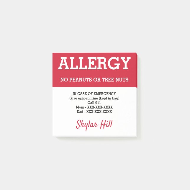 Food Allergy Alert Personalised Emergency Contact Post-it Notes (Front)