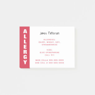 Food Allergy Alert Personalised Red Emergency Post-it Notes
