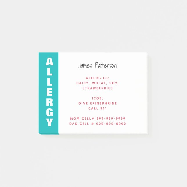 Food Allergy Alert Personalised Teal Emergency Post-it Notes (Front)
