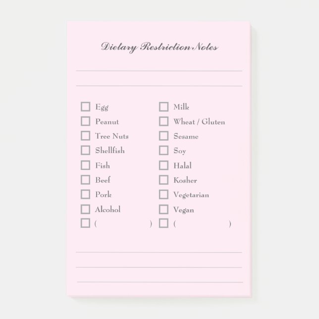 Food Allergy Checklist Sticky Notes for Kitchen (Front)