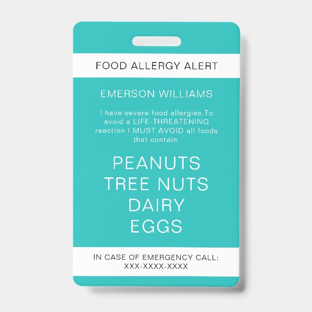 Food Allergy Medical Alert Emergency Contact ID Badge (Front)