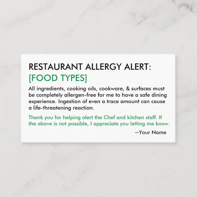 Food Allergy Restaurant & ICE Card (Front)