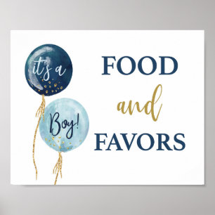 Food and favors blue balloons baby shower boy poster