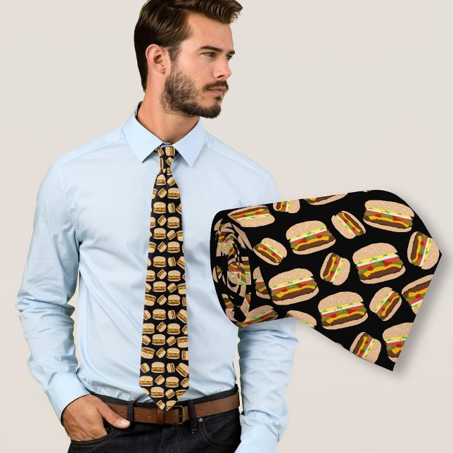 Food Black Pattern Burgers Tie (Creator Uploaded)