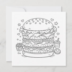 Food Burger Colouring Page Black White Card