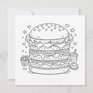 Food Burger Colouring Page Black White Card