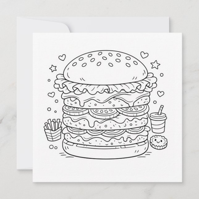 Food Burger Colouring Page Black White Card (Front)