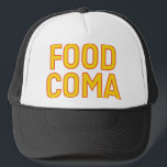 FOOD COMA fun slogan hat<br><div class="desc">FOOD COMA fun slogan on trucker hat,  yellow with red outline,  bold typography,  fun statement,  inspired by tv character frank rossitano.</div>